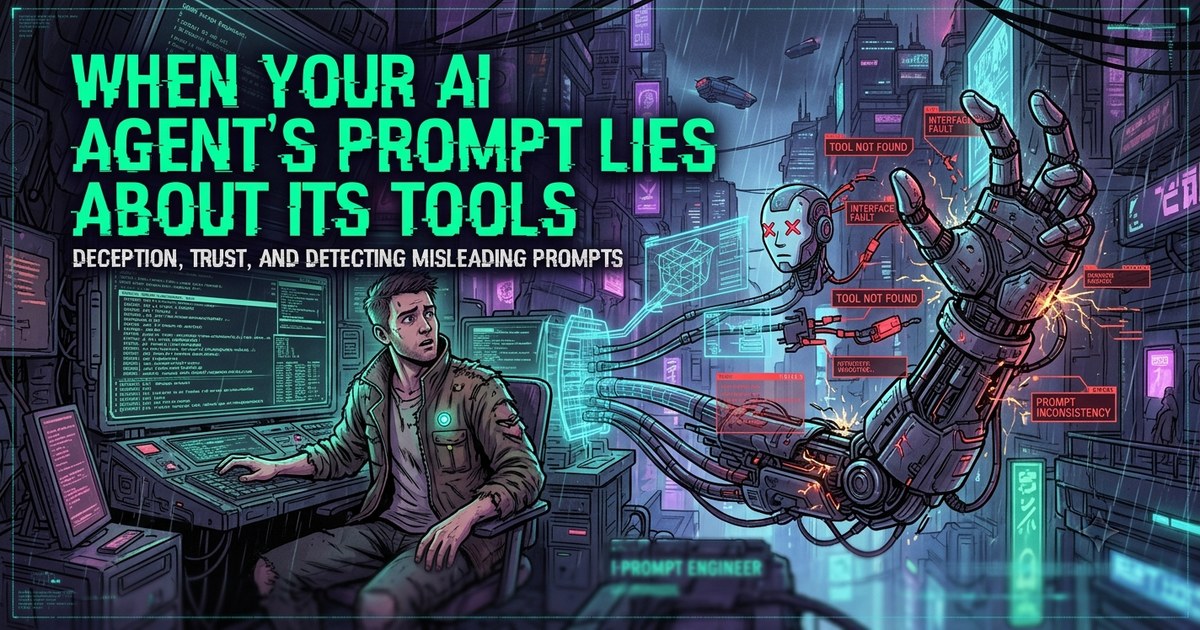 Cyberpunk illustration of a developer at a wall of code terminals facing a giant robotic arm that is sparking and breaking apart, tagged with red error labels reading "TOOL NOT FOUND", "INTERFACE FAULT" and "PROMPT INCONSISTENCY", under the neon headline "When your AI agent’s prompt lies about its tools".