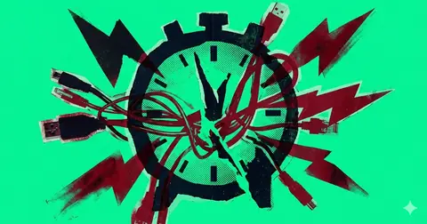 Punk collage illustration on acid green: a large dark clock face with its hands torn apart, red lightning bolts radiating outward, and network cables plugged into the dial.