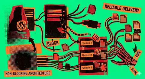 Punk collage illustration on acid green: a WordPress logo beside a black server rack, cables snaking out through a stack of orange “Queue 1/2/3” boxes to document icons and a skeletal hand, labelled “non-blocking architecture” and “reliable delivery”.
