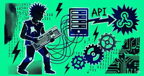 Punk collage illustration on acid green: a spiky-haired figure playing a computer keyboard like a guitar, its cables running to a server rack, with “API” lettering and an arrow pointing to a webhook logo in a starburst, over gears and binary digits.