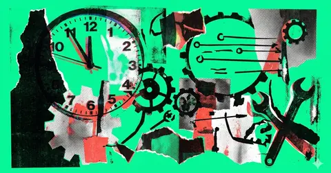 Punk collage illustration on acid green: a large torn analogue clock face beside interlocking gears and crossed wrench and spanner tools, assembled from ripped paper fragments.