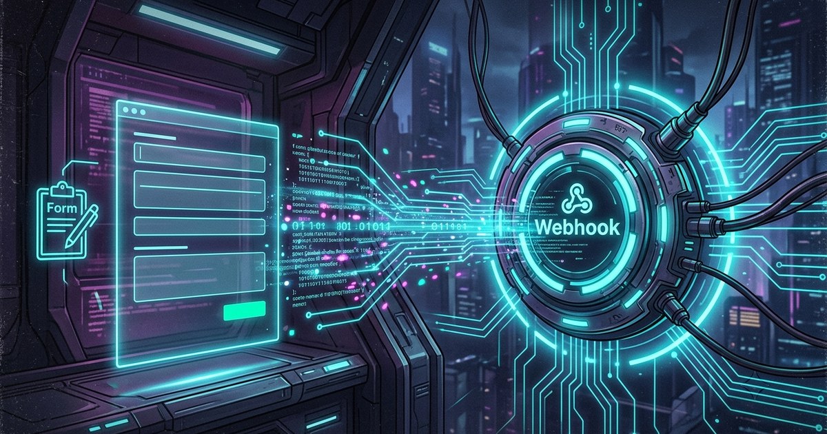 Cyberpunk illustration of an Elementor form submission travelling to a webhook: a neon clipboard icon labelled “Form” and a glowing holographic form panel with input fields and a green submit button on the left, wired by cyan circuit traces and streams of binary through a large circular port labelled “Webhook” bearing the webhook glyph, with thick cables running off into a purple night skyline.