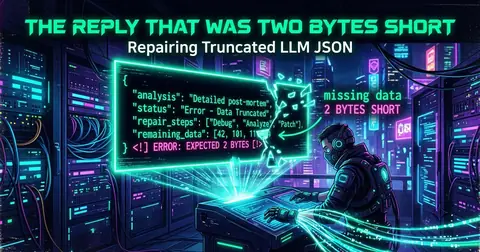 Cyberpunk illustration titled “The Reply That Was Two Bytes Short — Repairing Truncated LLM JSON”: a neon-green holographic panel in a server room shows a JSON reply whose right edge is shattering apart, with the labels “missing data / 2 BYTES SHORT” and an error line reading “ERROR: EXPECTED 2 BYTES”, while an engineer types at a glowing console.