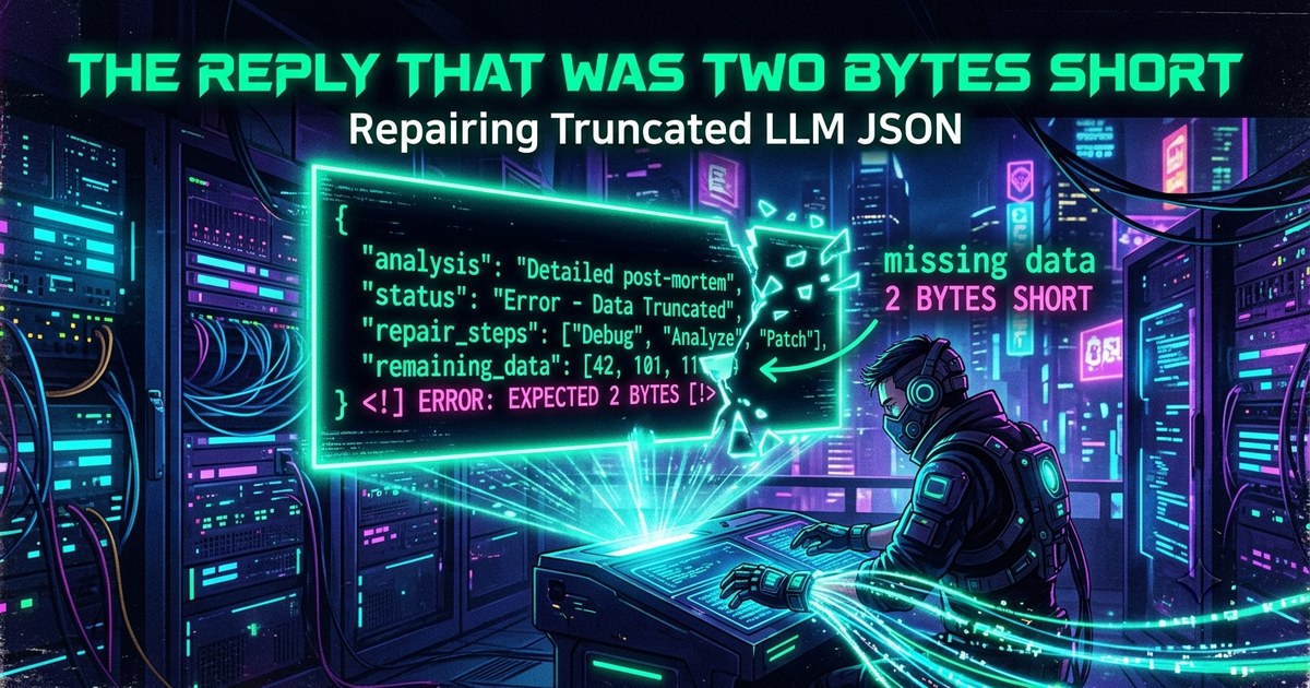 Cyberpunk illustration titled “The Reply That Was Two Bytes Short — Repairing Truncated LLM JSON”: a neon-green holographic panel in a server room shows a JSON reply whose right edge is shattering apart, with the labels “missing data / 2 BYTES SHORT” and an error line reading “ERROR: EXPECTED 2 BYTES”, while an engineer types at a glowing console.