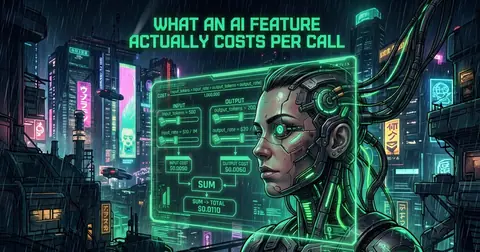 Cyberpunk illustration titled “What an AI Feature Actually Costs Per Call”: over a rainy neon city, a green holographic HUD shows COST = (input_tokens × input_rate + output_tokens × output_rate) / 1,000,000, with an INPUT column reading input_tokens = 500 and input_rate = $10 / 1M and an OUTPUT column reading output_tokens = 200 and output_rate = $30 / 1M, feeding boxes labelled INPUT COST $0.0050 and OUTPUT COST $0.0060 into a SUM box and a final SUM to TOTAL box reading $0.0110. A chrome-and-neon android woman looks on in profile.