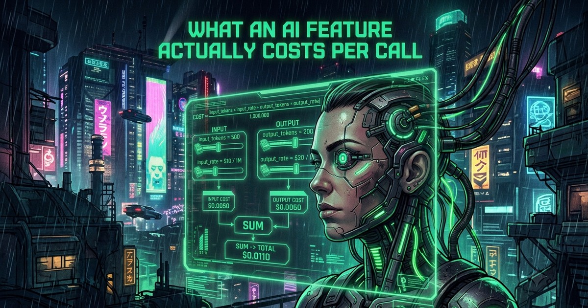Cyberpunk illustration titled “What an AI Feature Actually Costs Per Call”: over a rainy neon city, a green holographic HUD shows COST = (input_tokens × input_rate + output_tokens × output_rate) / 1,000,000, with an INPUT column reading input_tokens = 500 and input_rate = $10 / 1M and an OUTPUT column reading output_tokens = 200 and output_rate = $30 / 1M, feeding boxes labelled INPUT COST $0.0050 and OUTPUT COST $0.0060 into a SUM box and a final SUM to TOTAL box reading $0.0110. A chrome-and-neon android woman looks on in profile.