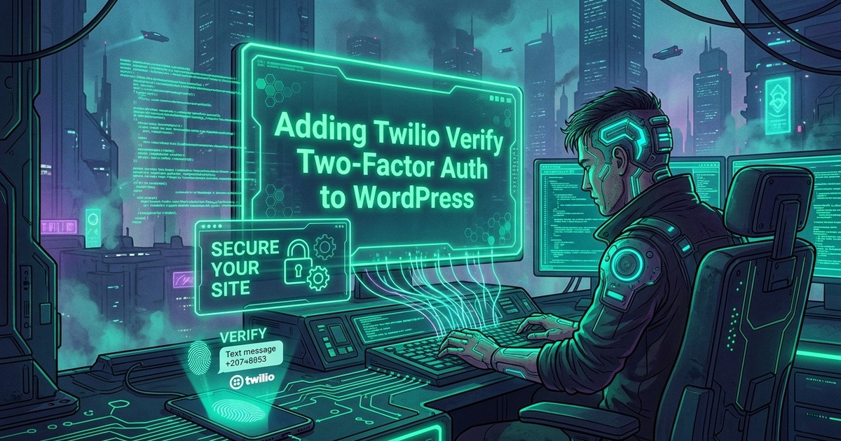 Cyberpunk illustration of a developer at a wall of neon terminals, facing a green holographic panel that reads "Adding Twilio Verify Two-Factor Auth to WordPress", with a "SECURE YOUR SITE" padlock card and a phone projecting a fingerprint above a "VERIFY — Text message" notification carrying the Twilio logo.