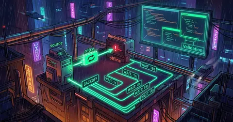 Cyberpunk illustration of a webhook retry policy: a “source” server sends a delivery through a green “retry” loop toward an offline “destination” node showing a red error, while neon “BACKOFF” paths labelled WAIT 1s, 4s, 16s trace an exponential backoff schedule beside a screen validating the payload schema.