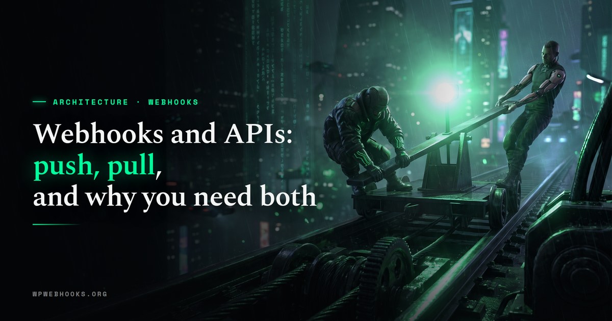 Cyberpunk illustration of two figures working a railway pump handcar on an elevated track above a rainy night city, one throwing their weight down on the beam while the other hauls the far end up.