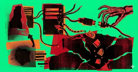 Punk collage illustration on acid green: a black server rack trailing cables into a torn dark-red chasm that is swallowing document icons, with a red skeletal hand reaching in from the top right.