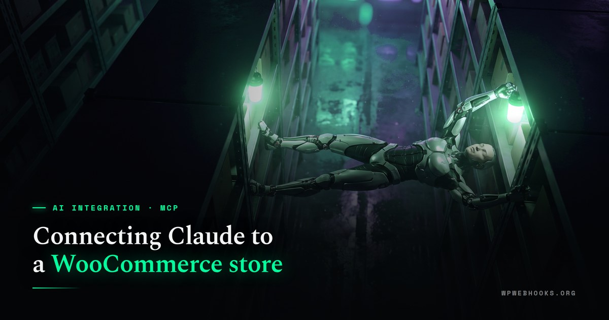 Cyberpunk illustration of a full-body cyborg stretched rigid across the gap between two towering stockroom racks, hands braced on one rack and feet on the other under two small mint lamps, with a long drop to the warehouse floor below.