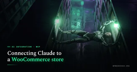 Cyberpunk illustration of a full-body cyborg stretched rigid across the gap between two towering stockroom racks, hands braced on one rack and feet on the other under two small mint lamps, with a long drop to the warehouse floor below.