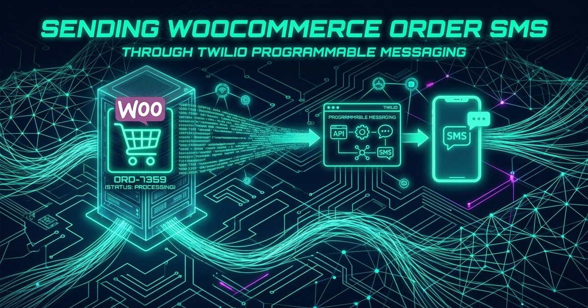 Cyberpunk illustration titled "Sending WooCommerce Order SMS Through Twilio Programmable Messaging": a neon server rack badged with the Woo logo and "ORD-7359 (status: processing)" streams a packet trail into a "Twilio — Programmable Messaging" panel showing API, gear and SMS nodes, which forwards to a phone displaying an SMS bubble.