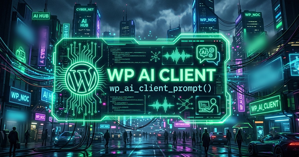 Rain-slick cyberpunk city street at night dominated by a giant neon-green holographic circuit-board panel. The panel shows the WordPress logo beside the glowing headline “WP AI CLIENT” and the function name wp_ai_client_prompt(), framed by scrolling PHP code, audio-waveform bars and an AI-chat speech bubble. Neon billboards on the surrounding skyscrapers read AI HUB, CYBER_NET, WP_NOC and WP_AI_CLIENT.
