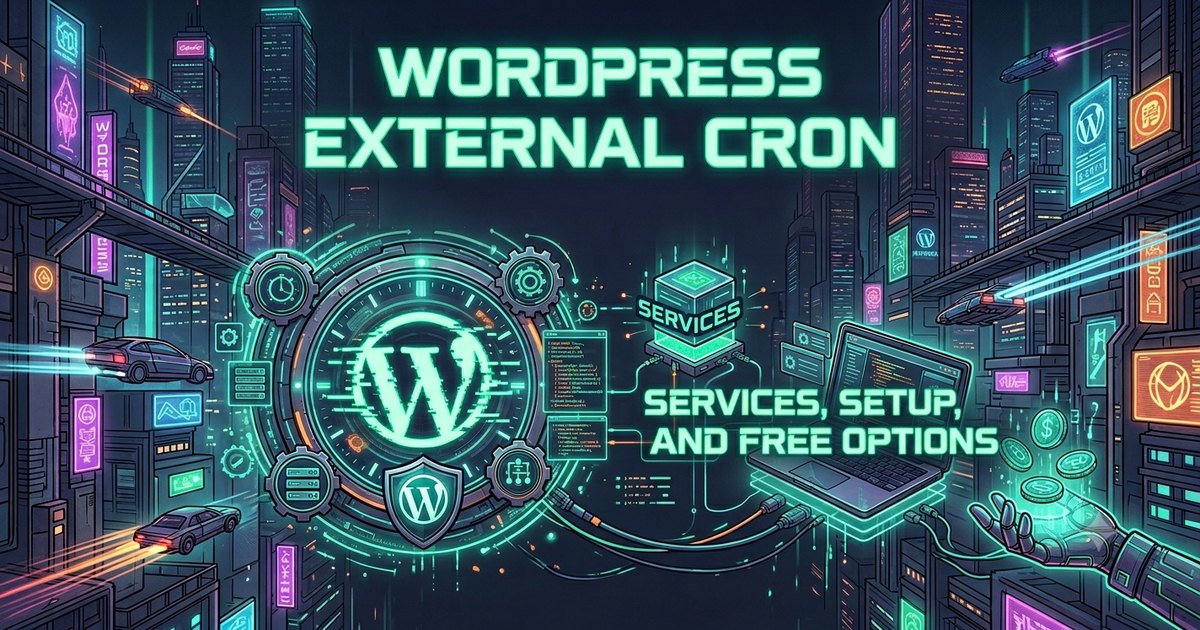 Neon cyberpunk illustration for WordPress external cron services, showing scheduled jobs triggering webhook deliveries.