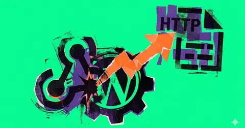 Punk collage illustration on acid green: a large purple webhook logo overlapping a gear marked with the WordPress logo, with an orange arrow shooting up and to the right toward cut-out “HTTP” lettering.