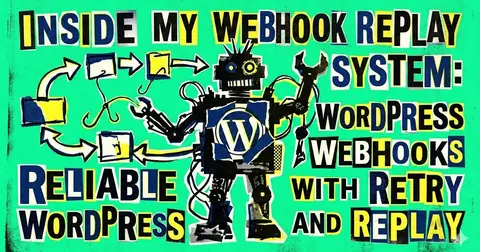 Cut-out ransom-note lettering on acid green reading “Inside my webhook replay system: WordPress webhooks with retry and replay”, beside a robot with a WordPress logo on its chest passing document icons along looping arrows.