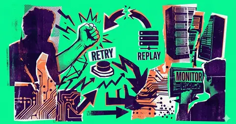 Punk collage illustration on acid green: a purple silhouetted figure raising a fist over a “RETRY” push-button and a “REPLAY” server icon, with arrows looping toward server racks and a “MONITOR” screen.