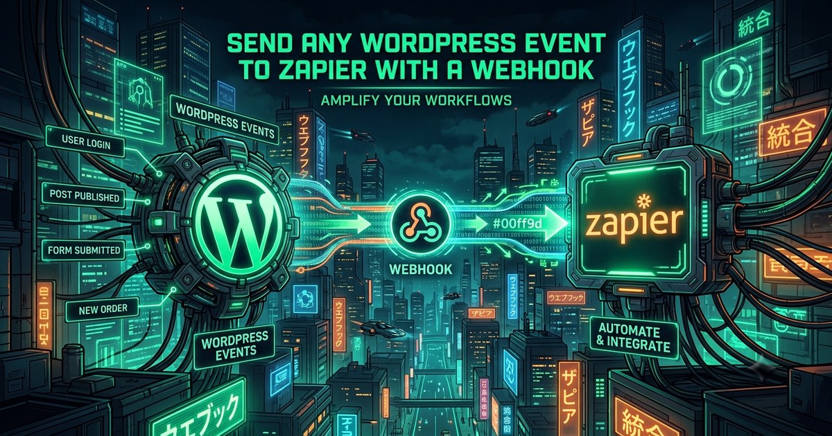 Cyberpunk illustration of a neon WordPress logo linked by a glowing "WEBHOOK" node to a Zapier panel over a night city, with WordPress event labels User Login, Post Published, Form Submitted, and New Order.