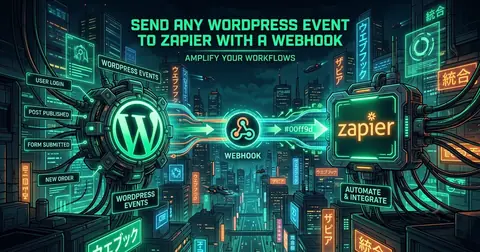 Cyberpunk illustration of a neon WordPress logo linked by a glowing "WEBHOOK" node to a Zapier panel over a night city, with WordPress event labels User Login, Post Published, Form Submitted, and New Order.