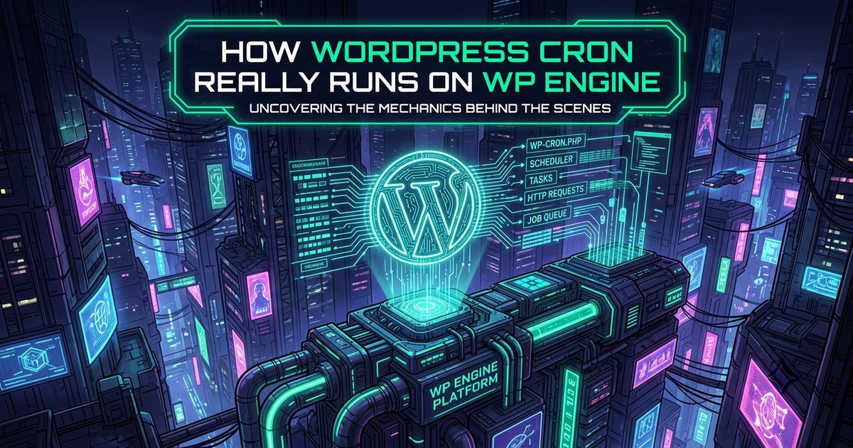 Cyberpunk illustration titled “How WordPress Cron Really Runs on WP Engine — Uncovering the Mechanics Behind the Scenes”: a glowing WordPress logo hovers above a neon machine labelled “WP Engine Platform”, wired to labelled circuit lines reading wp-cron.php, Scheduler, Tasks, HTTP Requests and Job Queue.
