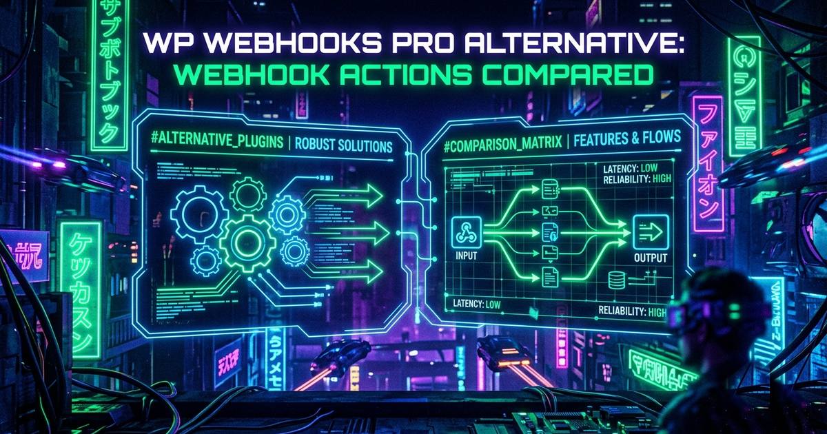 Neon cyberpunk scene titled "WP Webhooks Pro Alternative: Webhook Actions Compared", with two glowing holographic panels comparing webhook plugin features and flows.