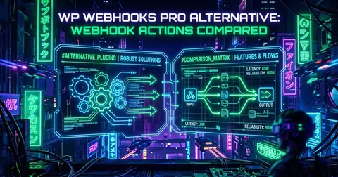 Neon cyberpunk scene titled "WP Webhooks Pro Alternative: Webhook Actions Compared", with two glowing holographic panels comparing webhook plugin features and flows.
