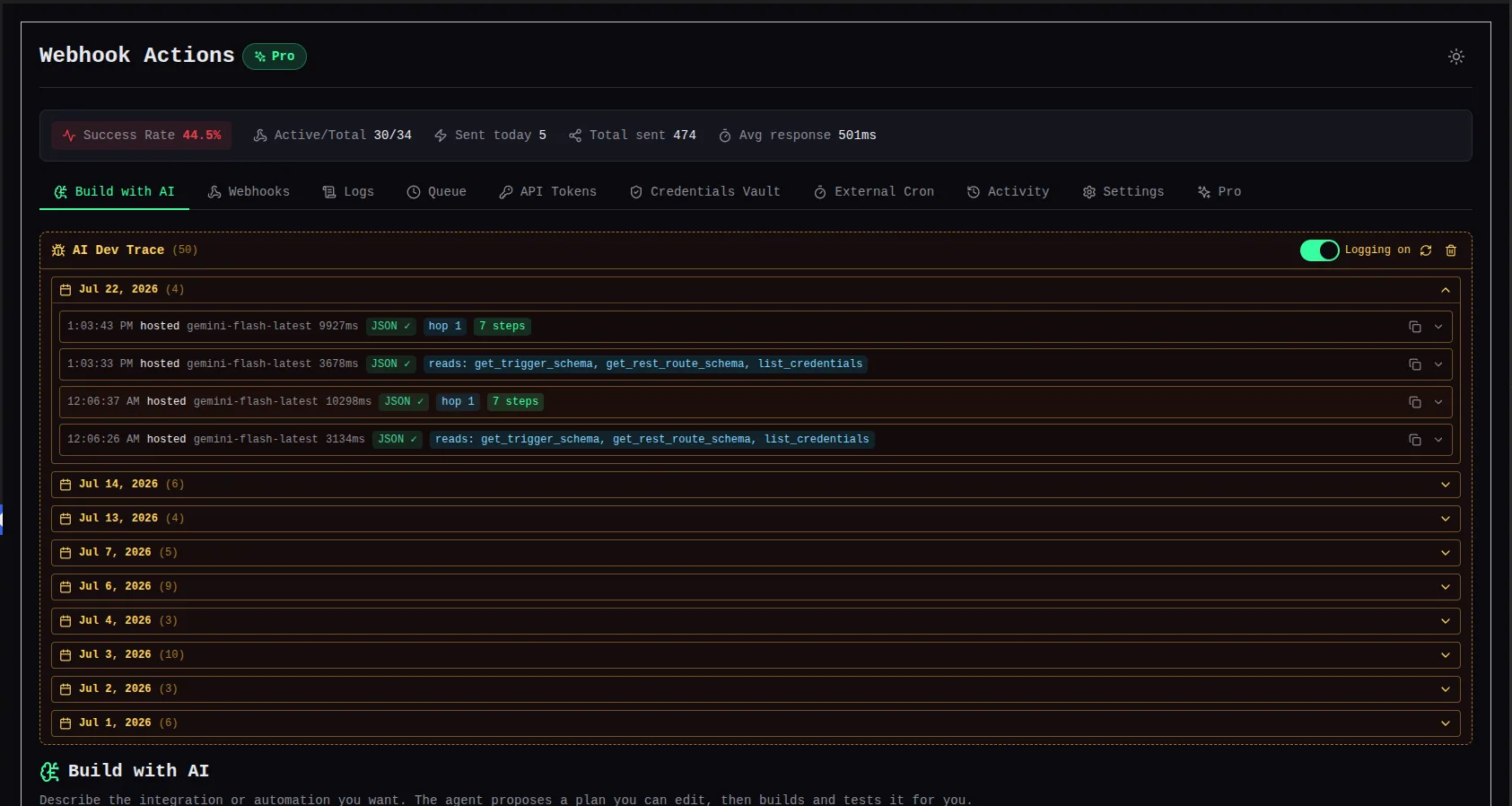 The AI Dev Trace panel in Webhook Actions Build with AI, listing recorded model calls grouped into per-day accordions with provider, model, latency, and JSON-parse status for each entry.