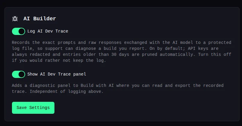 Webhook Actions AI Builder settings showing the “Log AI Dev Trace” and “Show AI Dev Trace panel” toggles, both off by default.