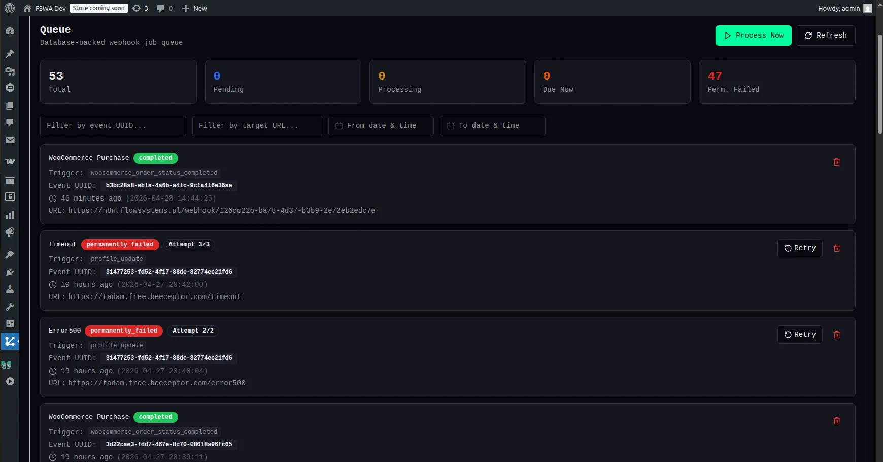 Webhook Actions async delivery queue panel showing pending and processed jobs.