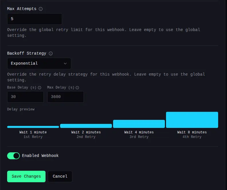 Per-webhook backoff strategy selector with exponential, linear, and fixed options.
