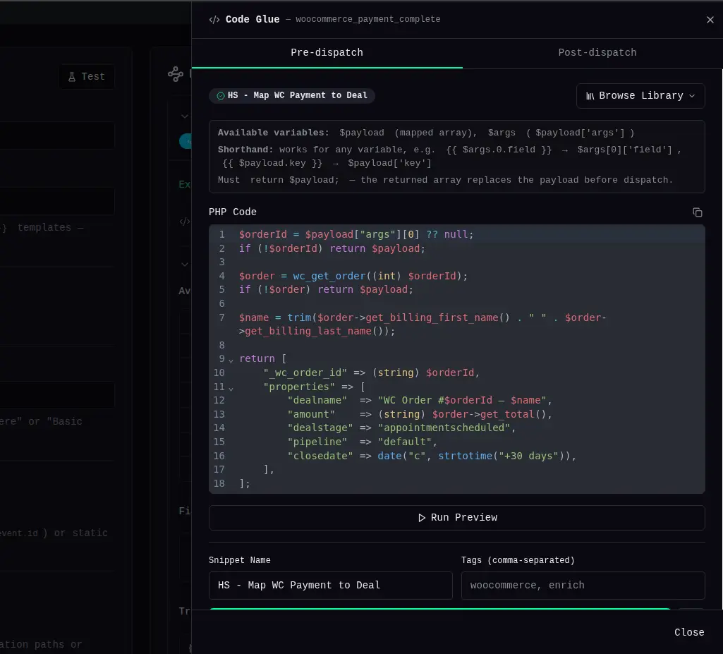 Code Glue PHP snippet editor attached to a webhook trigger with pre-dispatch payload enrichment.