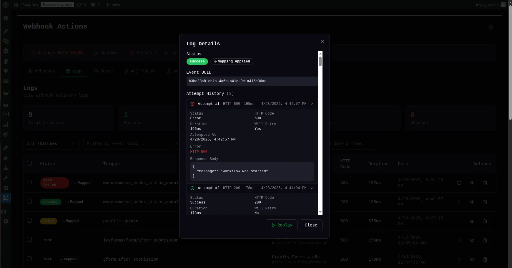 Delivery logs list view with status badges, trigger names, and HTTP status codes.