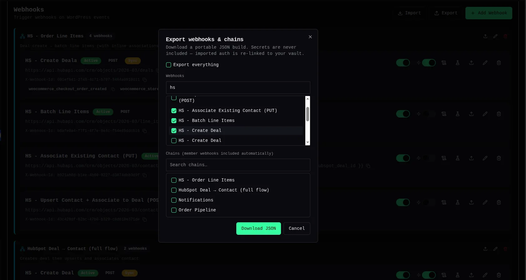 Webhook Actions Export dialog — choosing individual webhooks and chains to download as a portable JSON build, with an “Export everything” option and a note that secrets are never included.