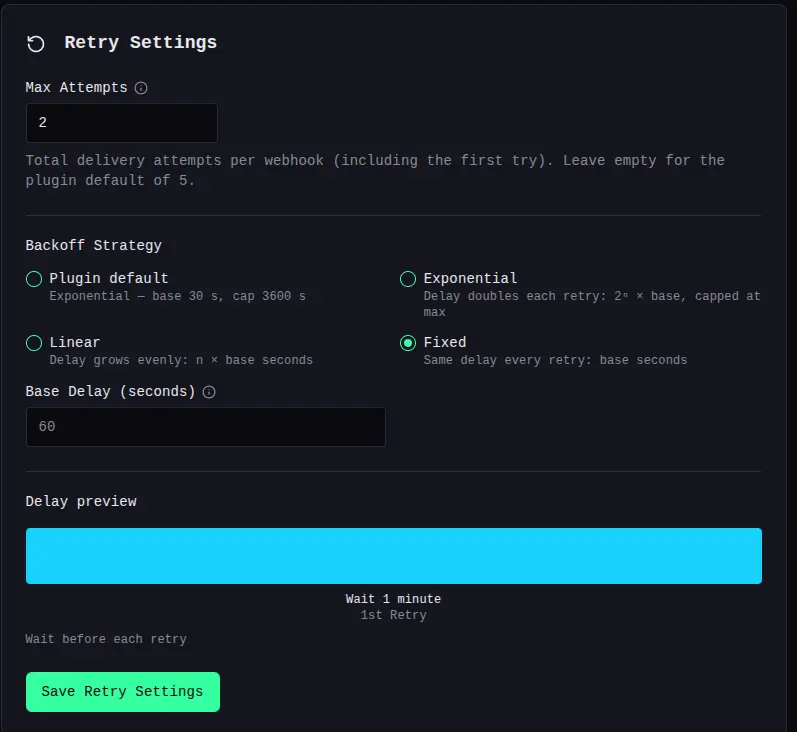 Global retry configuration panel with base delay, max delay, and strategy controls.