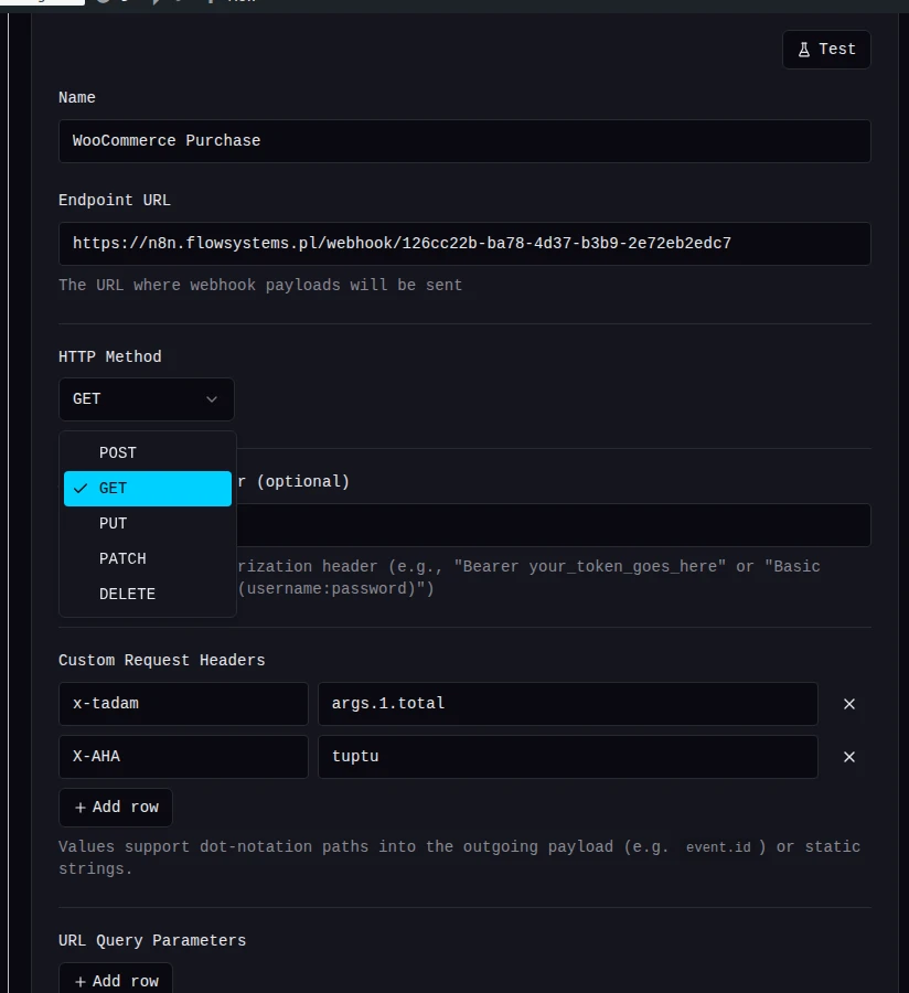 Webhook edit screen showing HTTP method selector, custom headers table, and URL query parameters.