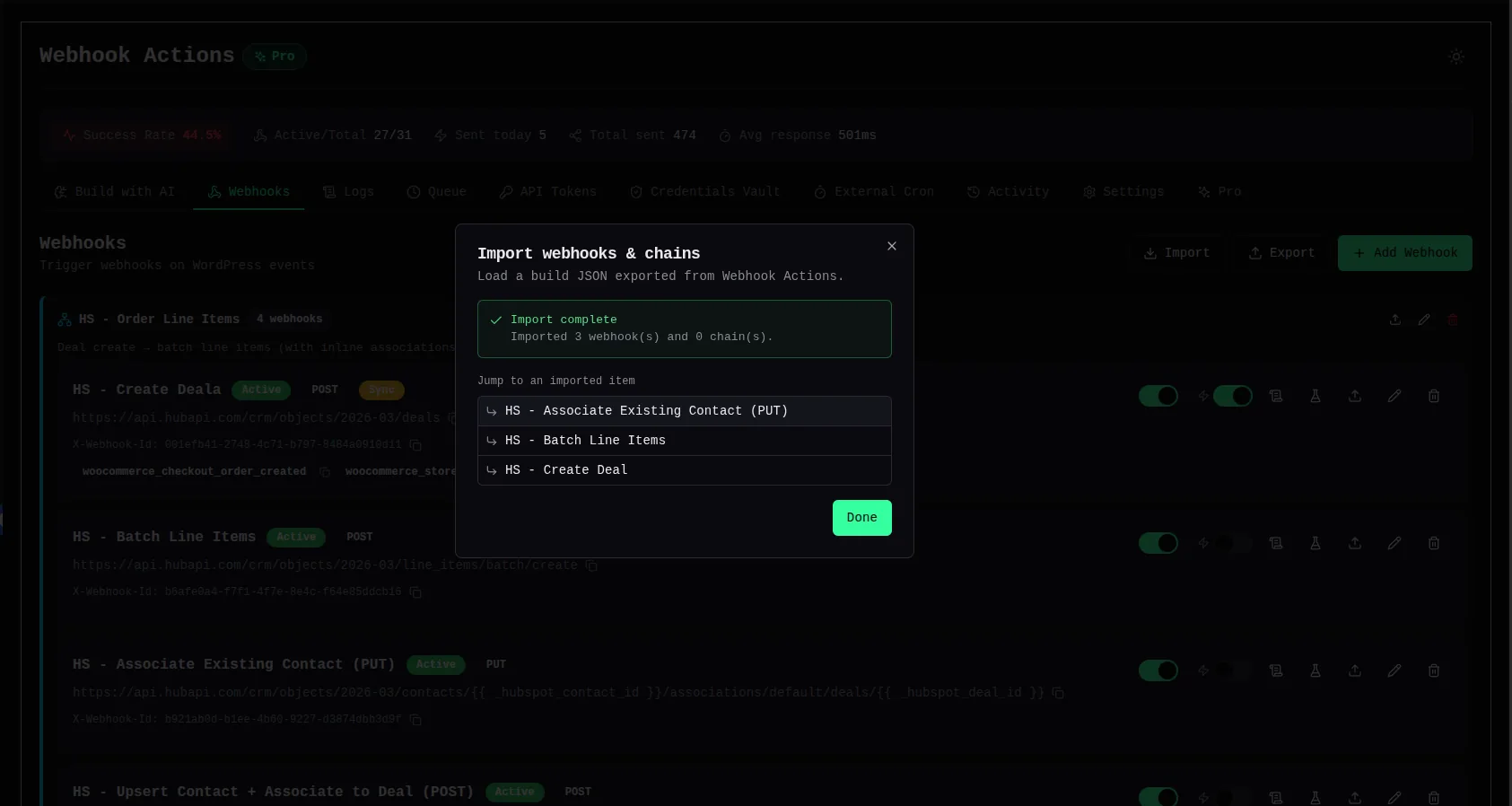 Webhook Actions Import dialog after a successful import, showing an “Import complete — Imported 3 webhooks and 0 chains” summary with quick links to jump to each imported webhook.