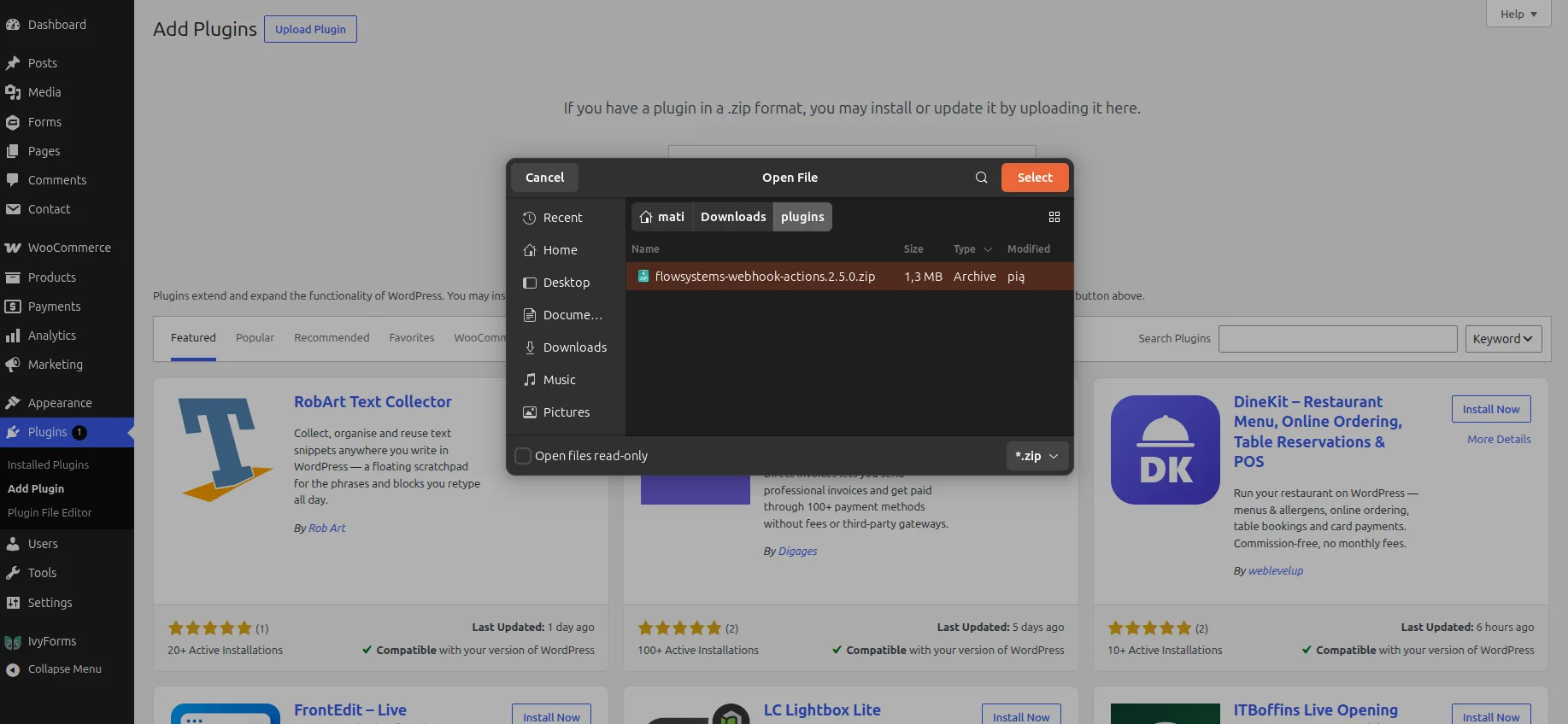 The WordPress Add Plugins screen with the Upload Plugin panel open, reading “If you have a plugin in a .zip format, you may install or update it by uploading it here.” A file picker is open over it with the downloaded Webhook Actions zip selected.
