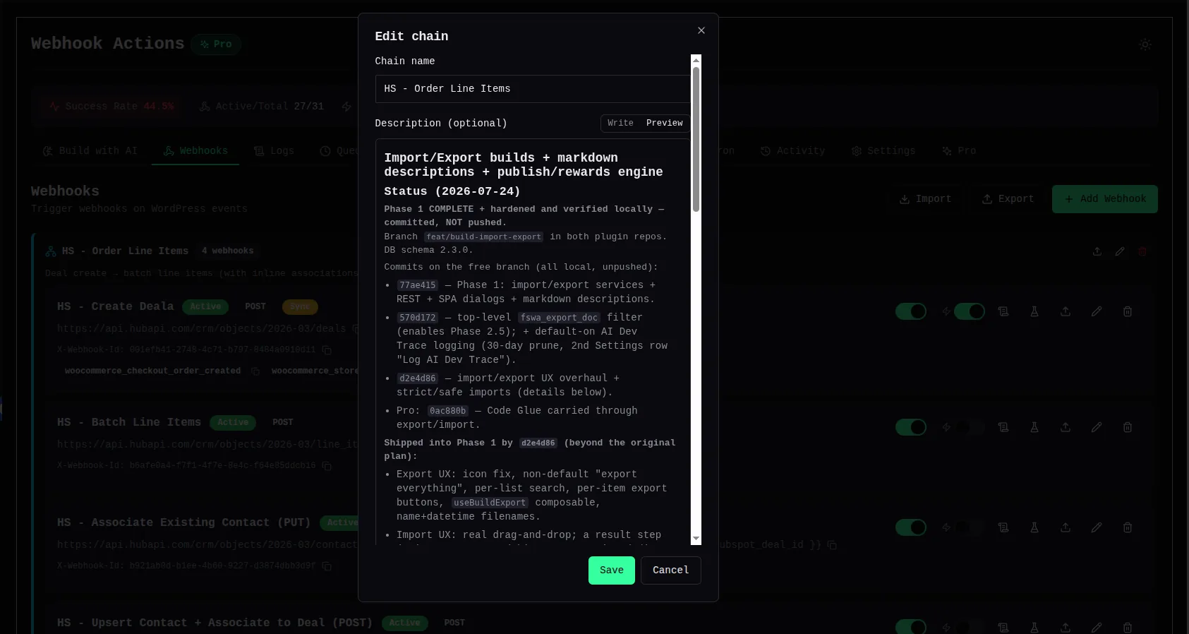 Editing a chain description in Webhook Actions with the Write/Preview toggle set to Preview, showing rendered Markdown — headings, inline code spans, and bullet lists.