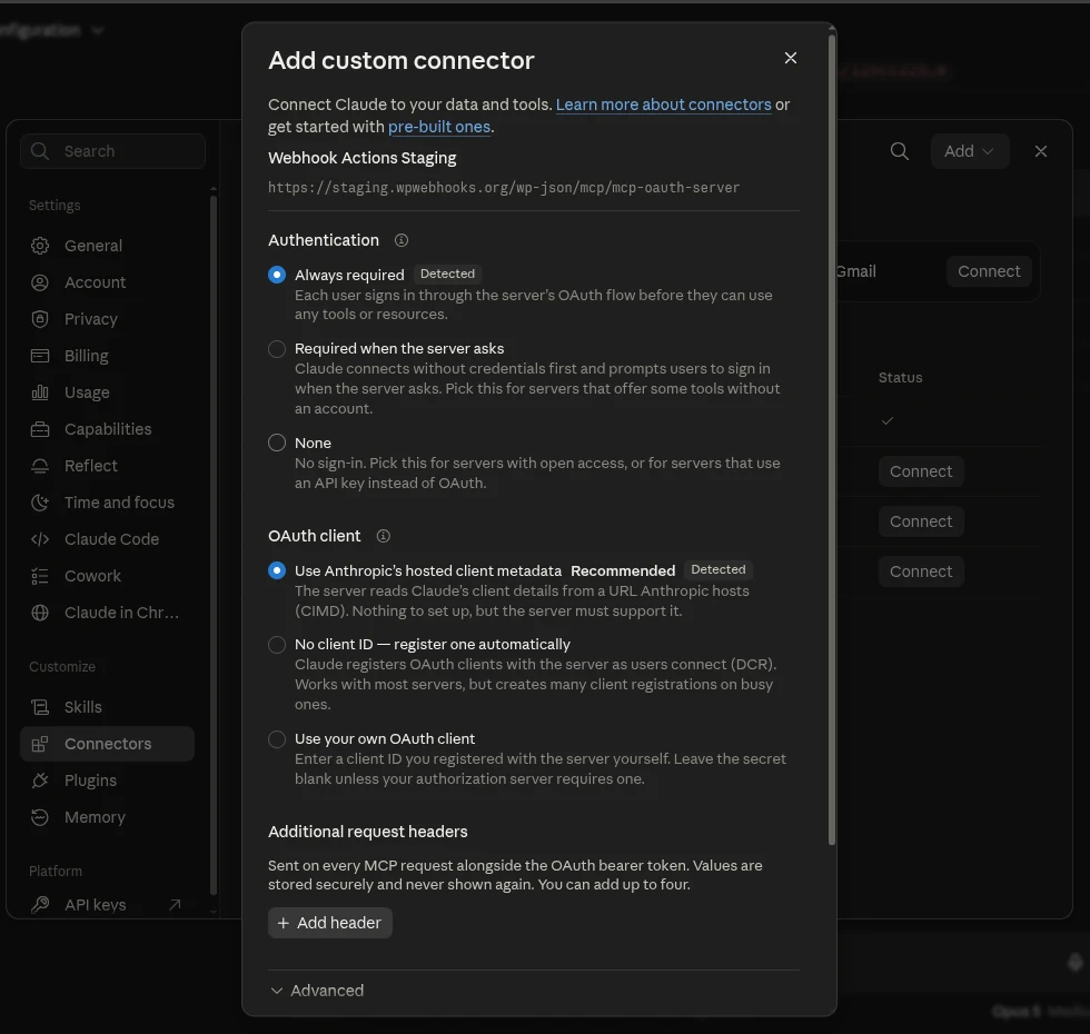 Claude’s Add custom connector dialog showing the server URL, with Authentication set to “Always required” and OAuth client set to “Use Anthropic’s hosted client metadata”, both carrying a Detected badge. The alternative options — “Required when the server asks”, “None”, “No client ID — register one automatically” and “Use your own OAuth client” — are left unselected.