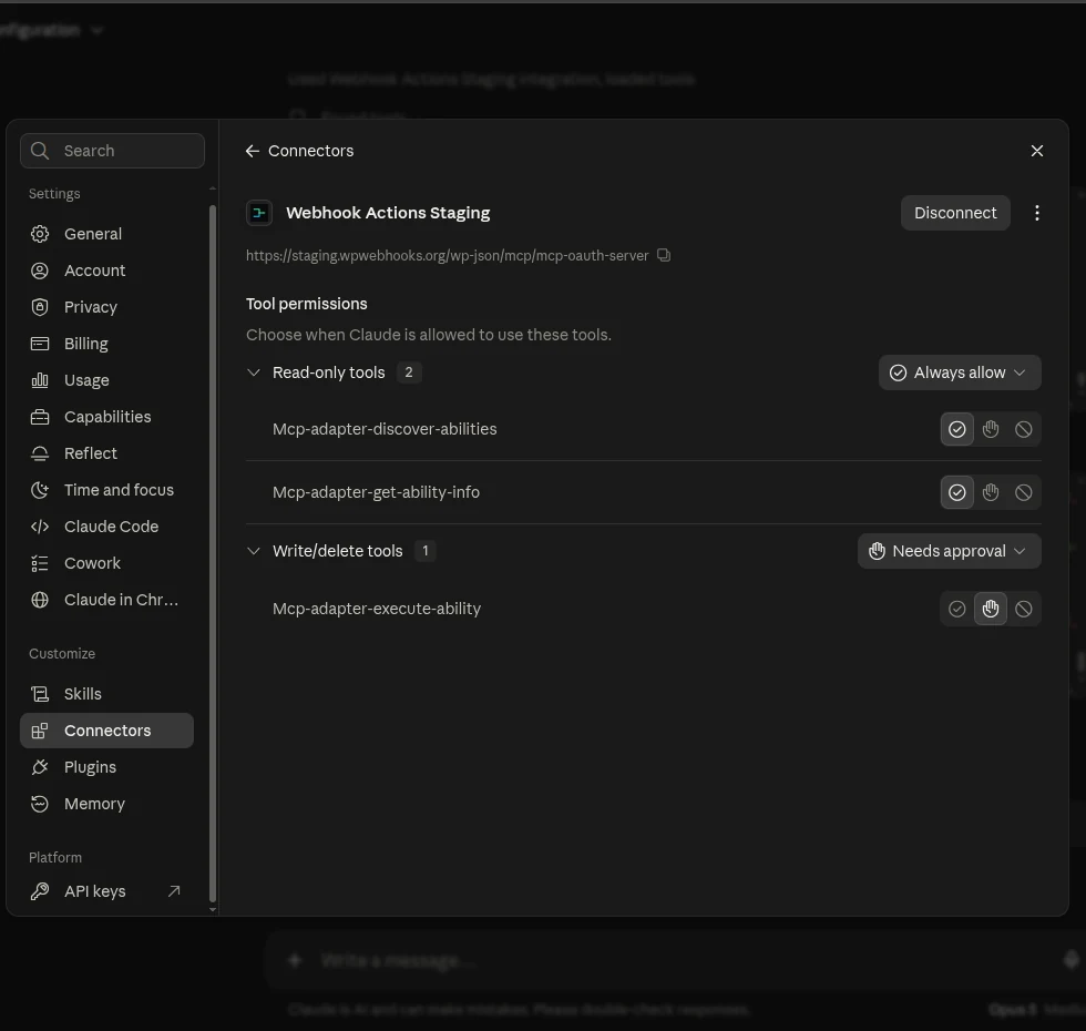 The connector’s Tool permissions panel in Claude. Two read-only tools, Mcp-adapter-discover-abilities and Mcp-adapter-get-ability-info, are set to Always allow. A single write/delete tool, Mcp-adapter-execute-ability, is set to Needs approval.