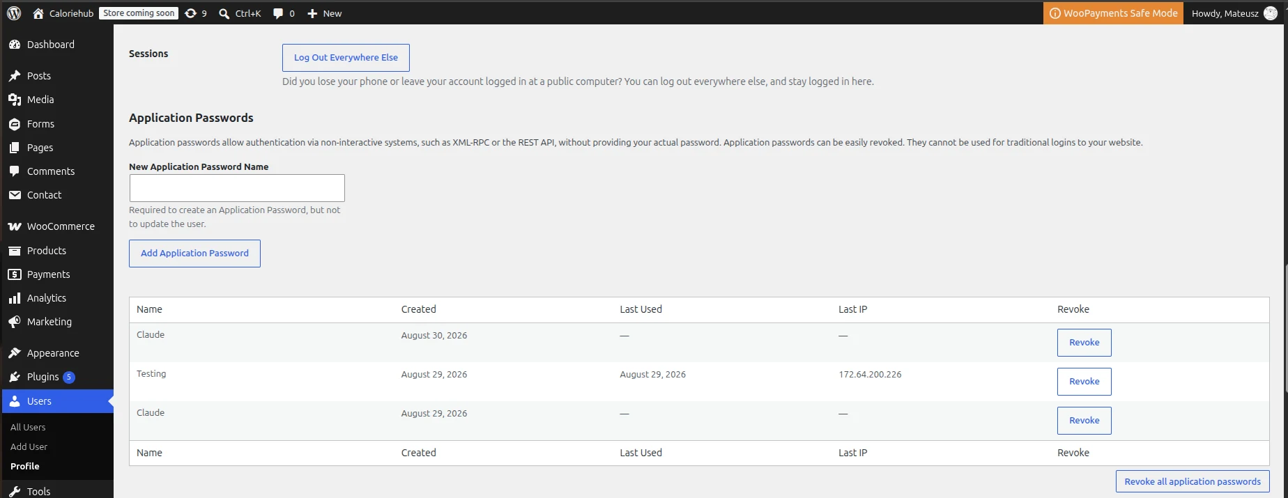 The Application Passwords section of a WordPress user profile. A “New Application Password Name” field sits above an Add Application Password button, and a table below lists existing passwords with their name, creation date, last-used date and last IP, each with its own Revoke button.