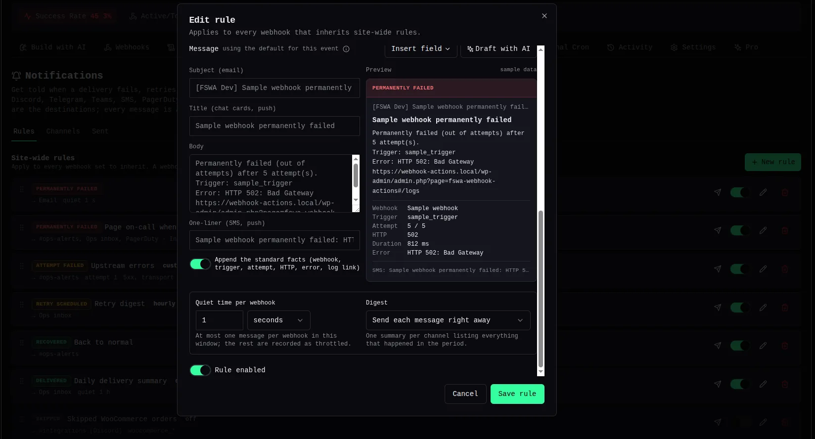 The Edit rule dialog scrolled to the Message section: subject, title, body and one-liner fields on the left, a live preview on the right rendered as a Permanently failed card with the standard facts — webhook, trigger, attempt 5 / 5, HTTP 502, duration 812 ms, error — and the SMS one-liner underneath. Below, Quiet time per webhook and a Digest selector reading “Send each message right away”.