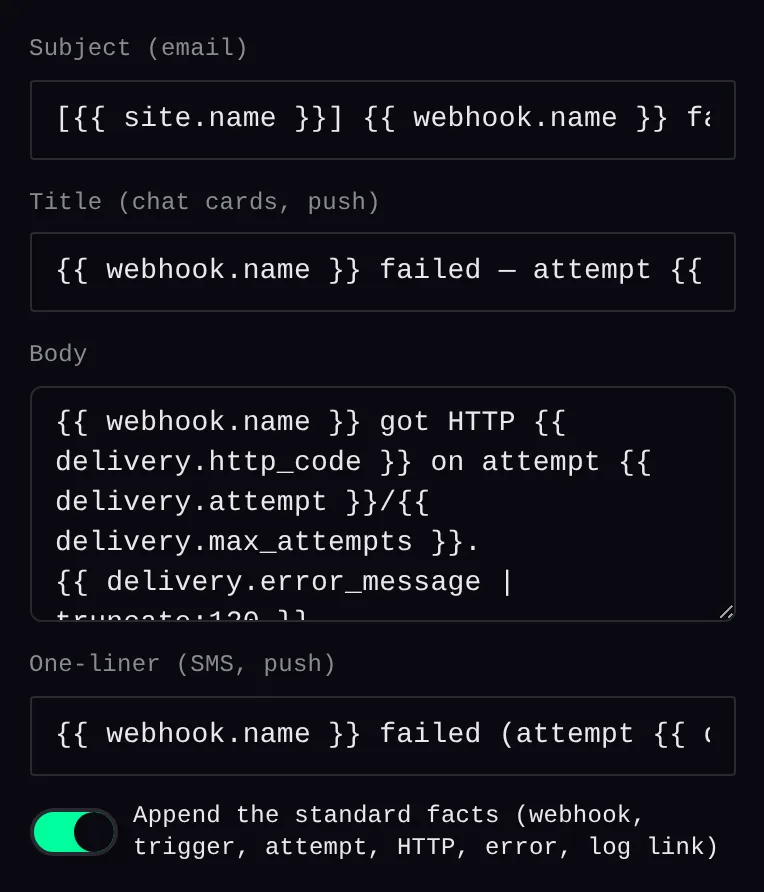The template fields of the rule editor — Subject (email), Title (chat cards, push), Body and One-liner (SMS, push) — pre-filled with the event’s default template text — the site name and webhook name as double-brace placeholders — plus a switch to append the standard facts.