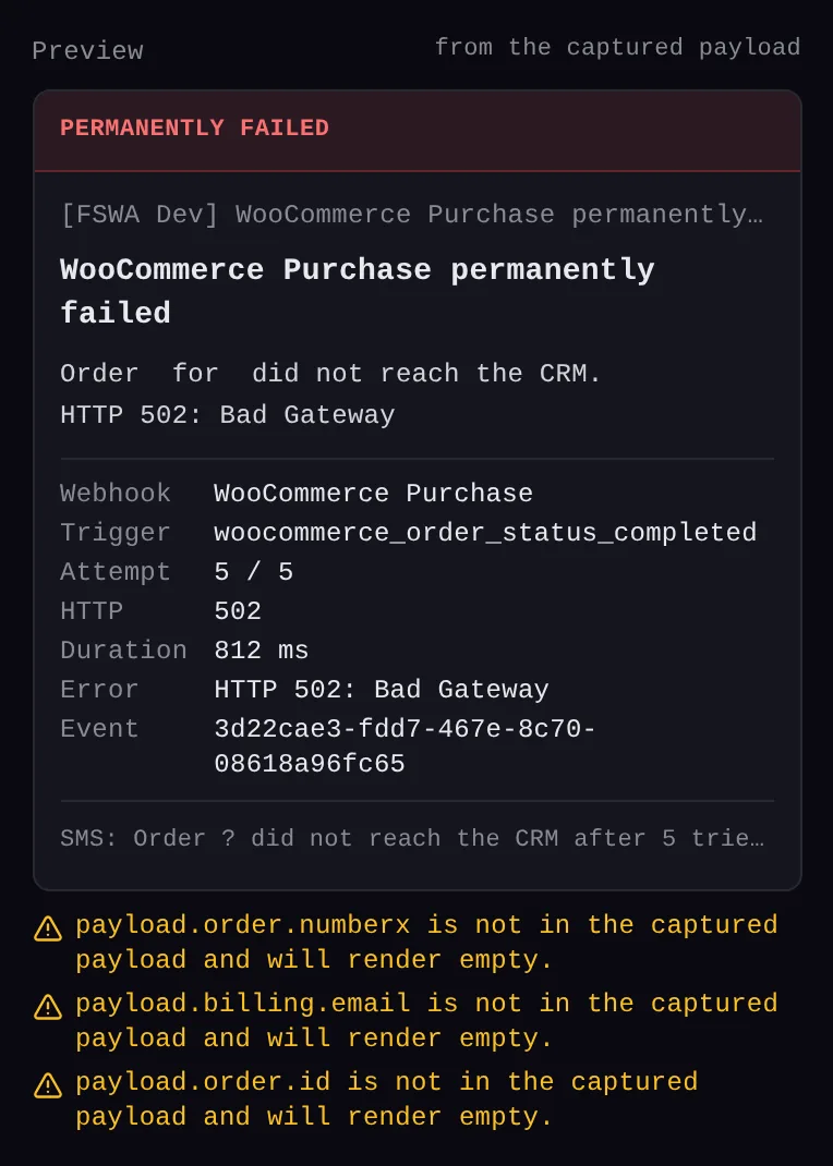 The preview of a per-webhook rule rendered from the captured WooCommerce payload, with three linter warnings underneath: payload.order.numberx, payload.billing.email and payload.order.id are not in the captured payload and will render empty.