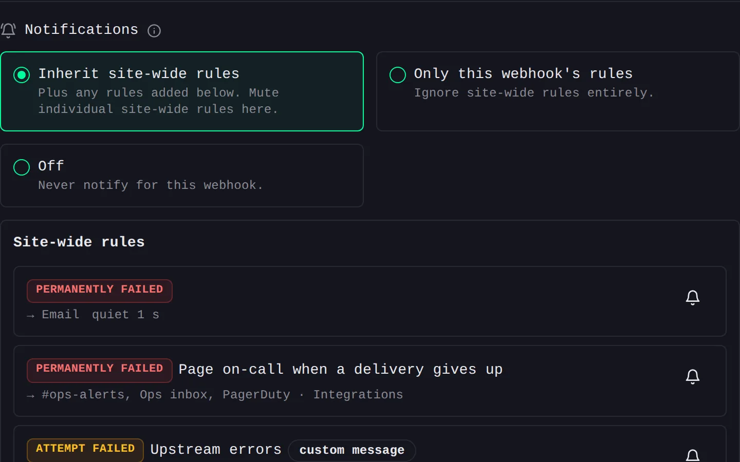 The Notifications card on a webhook form: Inherit site-wide rules selected next to Only this webhook’s rules and Off, then the site-wide rules each with a bell icon to mute it for this webhook alone.