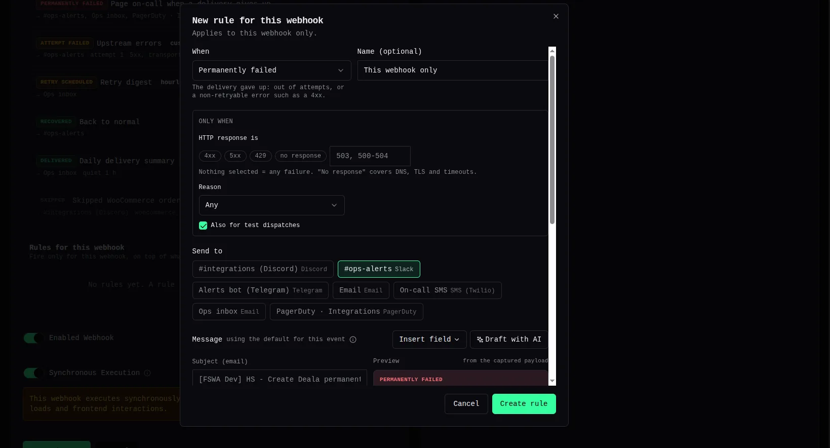 The New rule dialog with HTTP response chips 4xx, 5xx, 429 and no response, a free-text field reading “503, 500-504”, a Reason selector, an “Also for test dispatches” checkbox and the Send to channel chips.