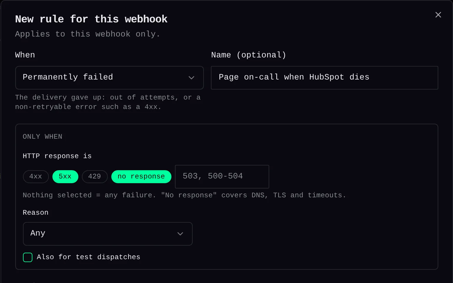 The New rule for this webhook dialog: When set to Permanently failed, a name, and the Only when section with the 5xx and no-response chips selected, a free-text field for codes, a Reason selector and an Also for test dispatches checkbox, above the Send to channel chips with #ops-alerts selected.