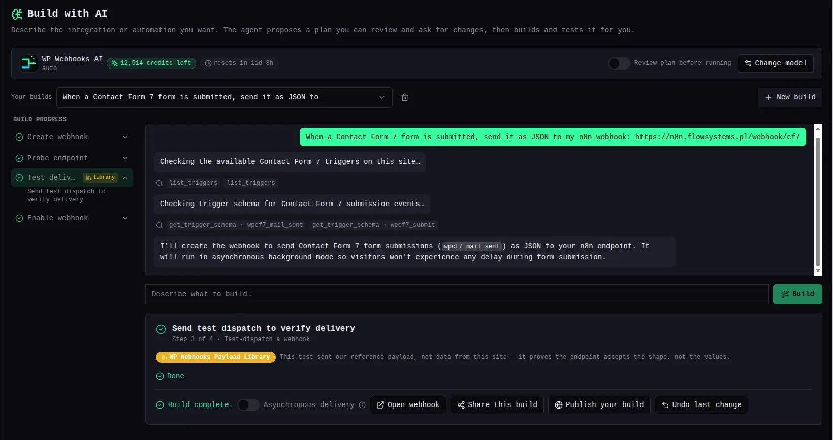 A finished Build with AI run for a Contact Form 7 webhook, where the “Test delivery” step in the build progress list carries a small amber “library” badge. The expanded step repeats the “WP Webhooks Payload Library” badge and explains that the test sent the reference payload rather than data from this site, proving the endpoint accepts the shape and not the values.