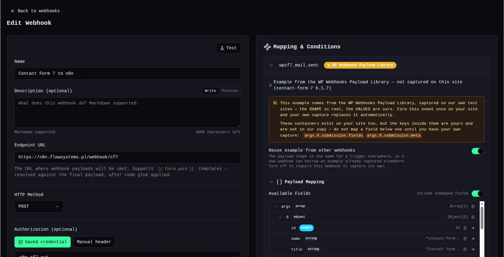 The Mapping & Conditions panel of a webhook in Webhook Actions, with the wpcf7_mail_sent trigger carrying an amber “WP Webhooks Payload Library” badge. Below it a note says the example was not captured on this site and names the build it came off, contact-form-7 6.1.7, and a caveat box warns that args.0.submission.fields and args.0.submission.meta hold keys specific to this site that must not be mapped until it has its own capture.